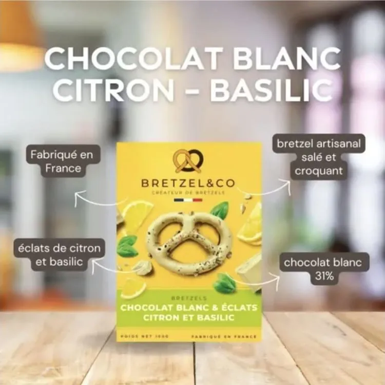 Bretzels choco blanc / citron / basilic