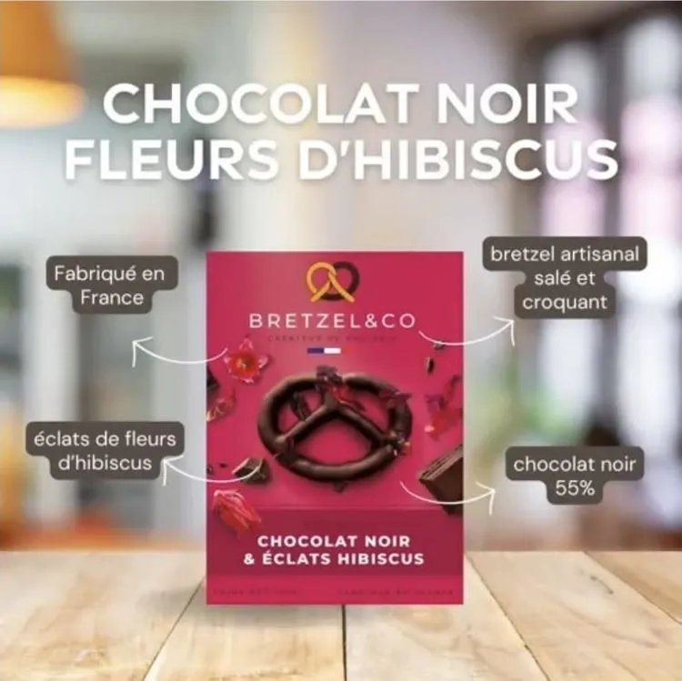 Bretzels choco noir / fleurs d'hibiscus