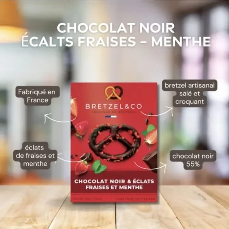 Bretzels choco noir / &eacute;clats fraises et menthe 