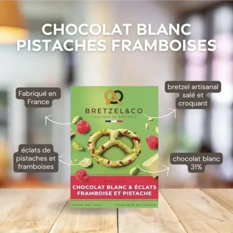 Bretzels choco blanc &eacute;clats pistaches / framboises